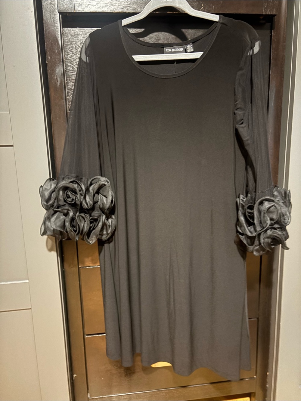 Nina Leonard Black Long Sleeve Dress with Rosette Cuffs